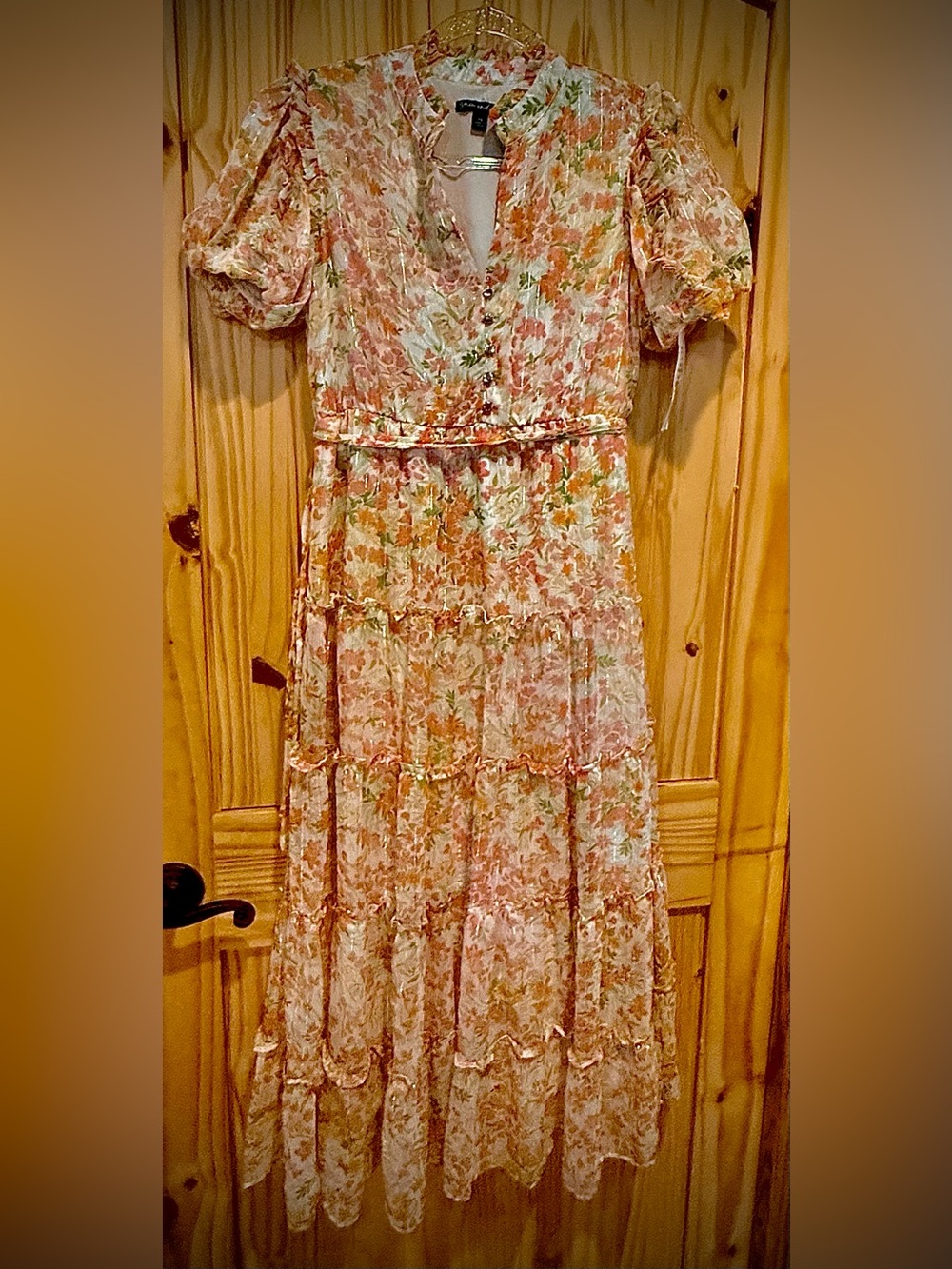 Light Peach Floral Maxi Dress with Puff Sleeves